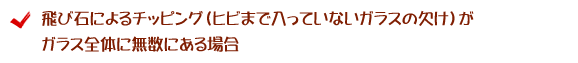 飛び石によるチッピング（ヒビまで入っていないガラスの欠け）がガラス全体に無数にある場合